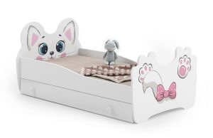 Single bed Pink cat 160x80 with children's graphics